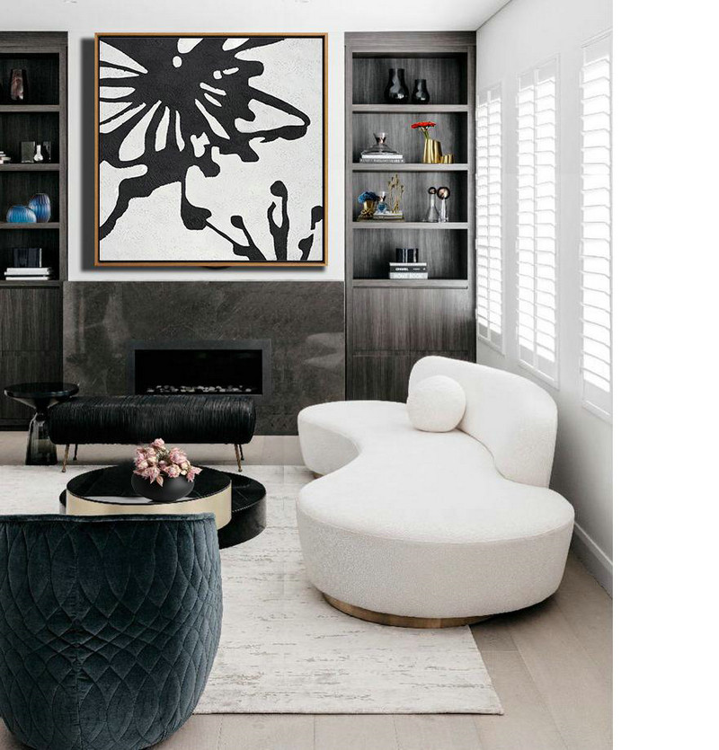 Extra Large Canvas Art,Minimal Black White Abstract Flower Painting - Oversized Art